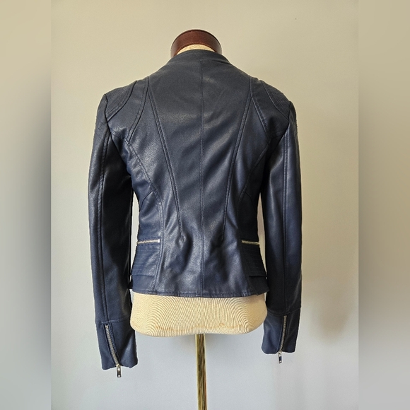 WILLI SMITH Navy Faux Leather Fitted Moto Jacket. Size Small - Picture 7 of 16